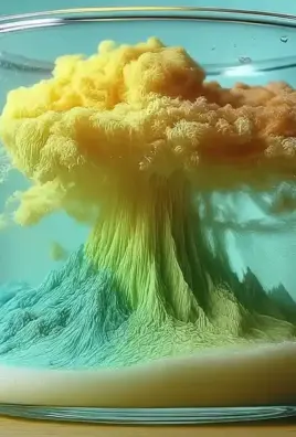 A colorful chemical reaction resembling a mushroom cloud inside a clear glass container, with yellow and orange hues forming the cloud and green and blue forming the base.