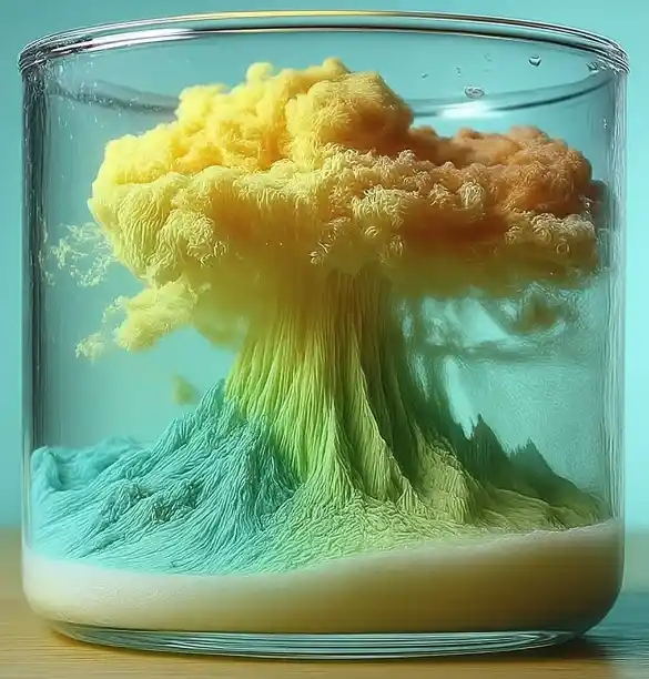 A colorful chemical reaction resembling a mushroom cloud inside a clear glass container, with yellow and orange hues forming the cloud and green and blue forming the base.