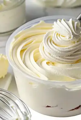 A close-up of a tub of fluffy whipped pudding frosting being swirled with a piping nozzle, surrounded by whipped cream, a wire whisk, and a block of butter.