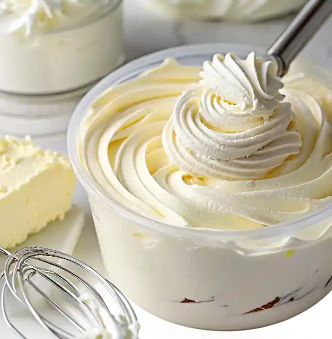 A close-up of a tub of fluffy whipped pudding frosting being swirled with a piping nozzle, surrounded by whipped cream, a wire whisk, and a block of butter.