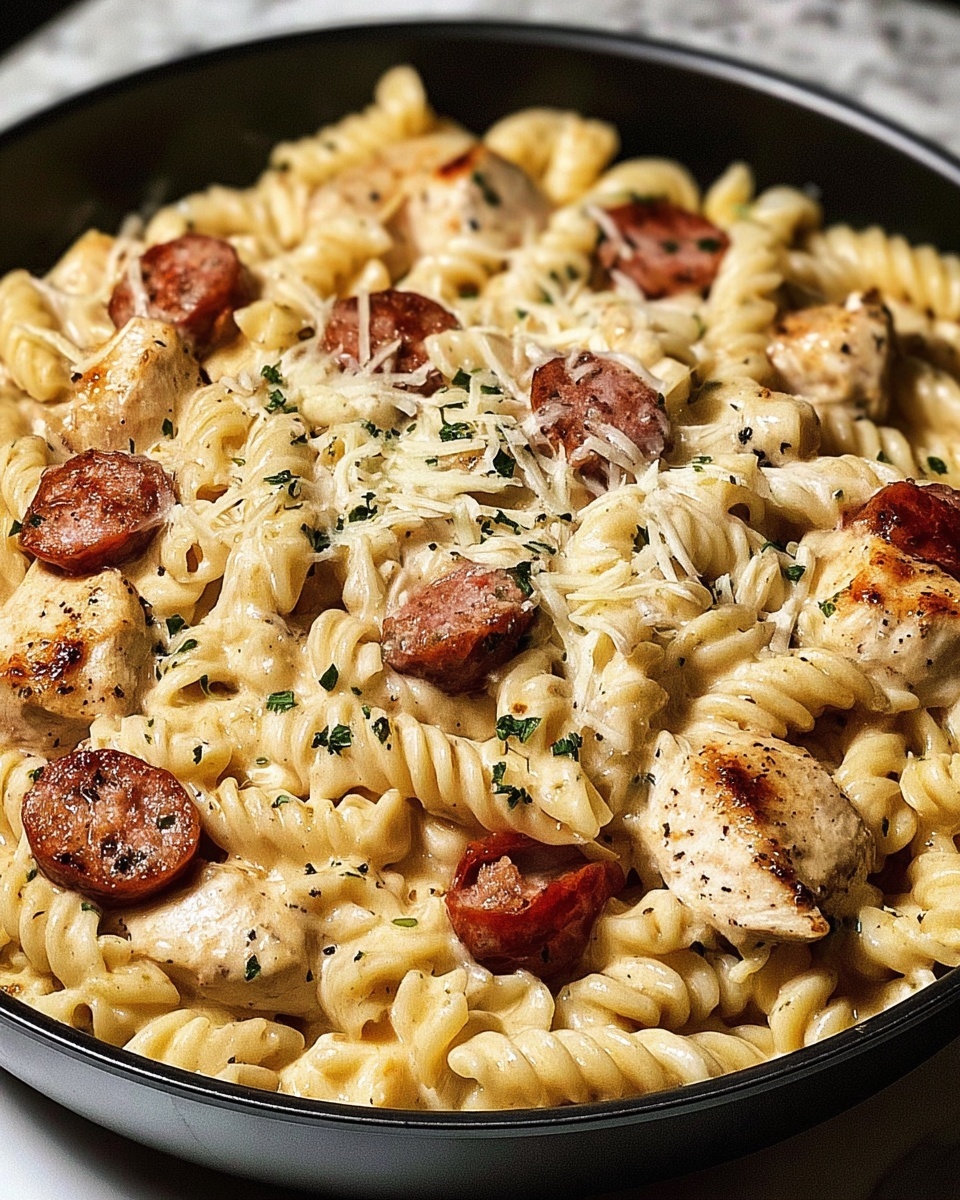 Skillet filled with creamy rotini pasta, grilled chicken, sausage slices, and shredded cheese