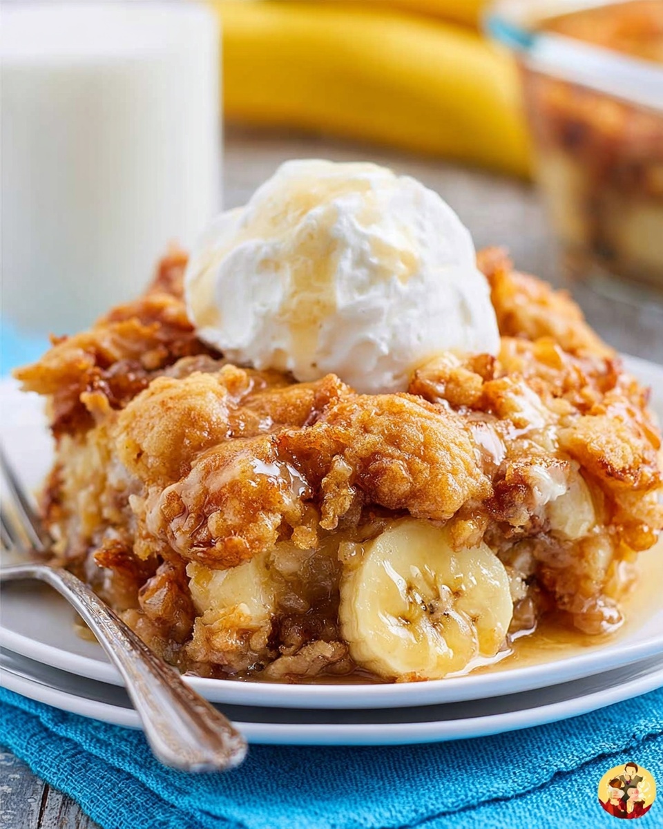 Warm banana cobbler topped with vanilla ice cream and drizzled with syrup