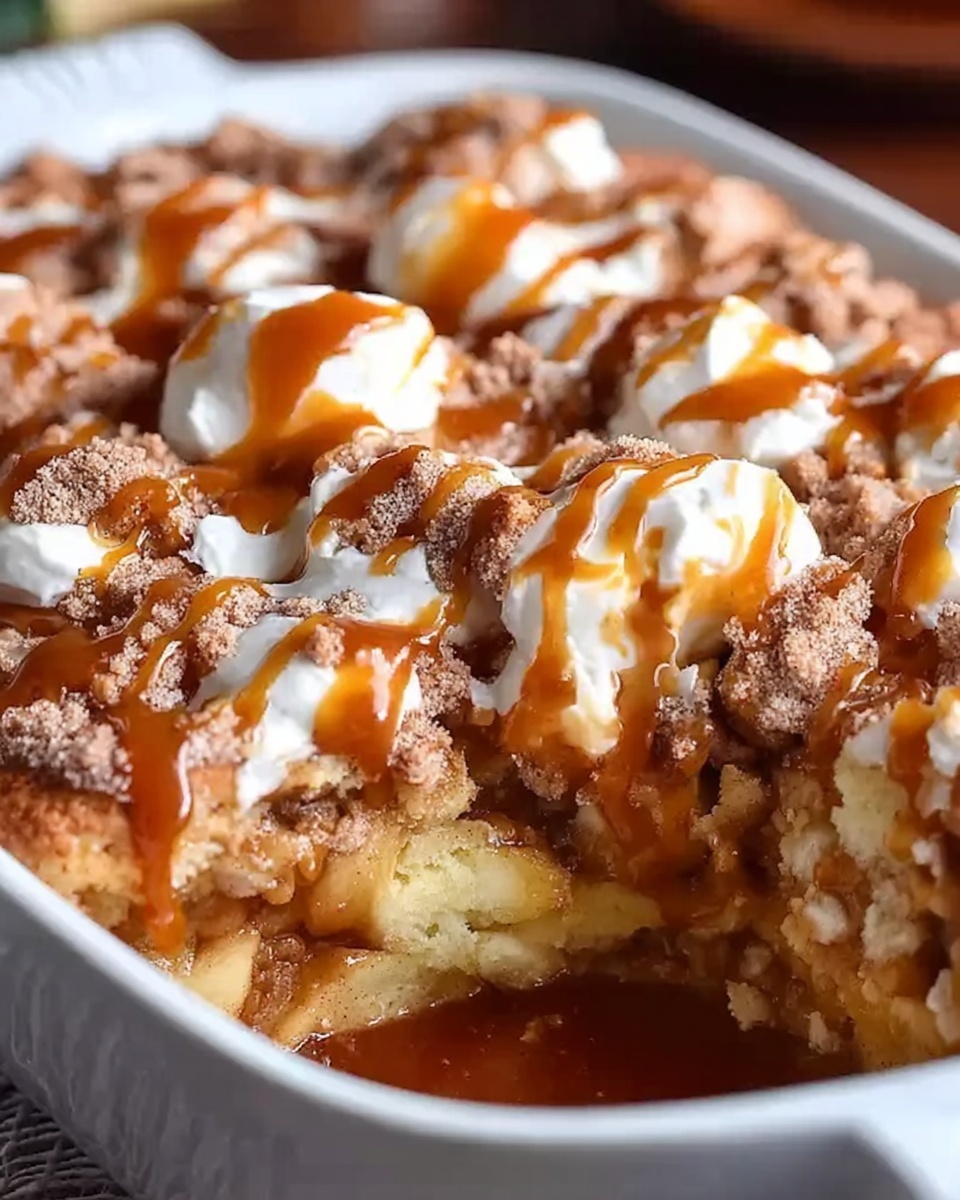 Warm caramel apple cobbler with whipped cream and caramel drizzle in a white baking dish