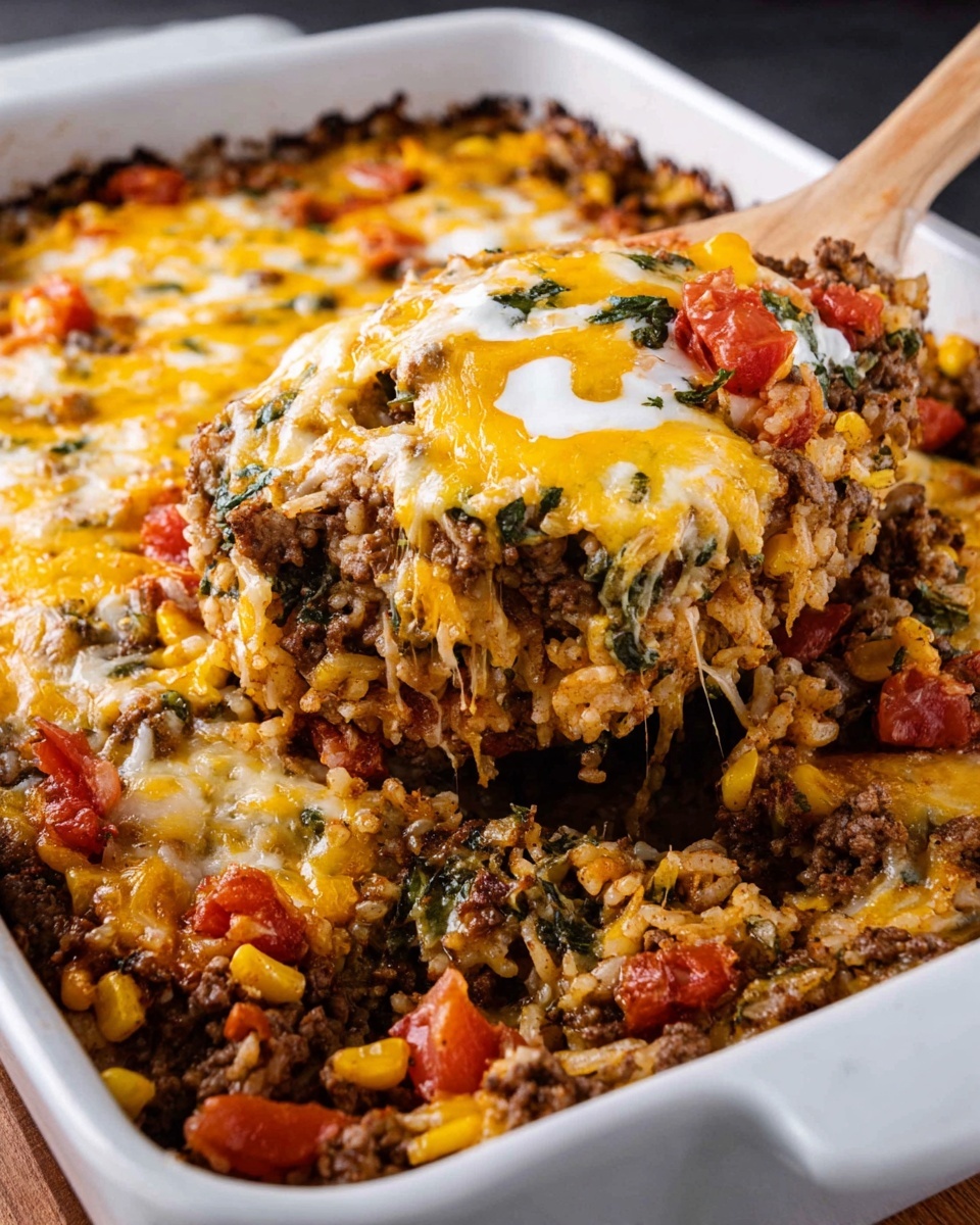 Cheesy Mexican casserole with ground beef, rice, corn, tomatoes, and melted cheese being served from a white dish