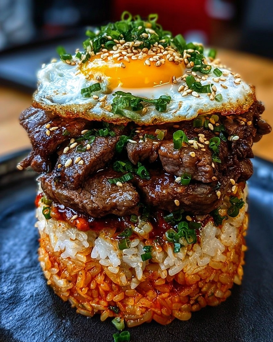 Stack of Korean BBQ beef over spicy rice topped with fried egg, green onions, and sesame seeds on a black plate