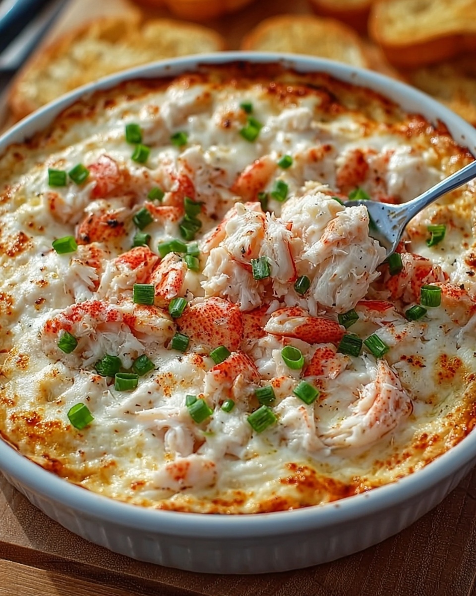 Hot cheesy crab dip topped with green onions in a white baking dish with a spoonful served