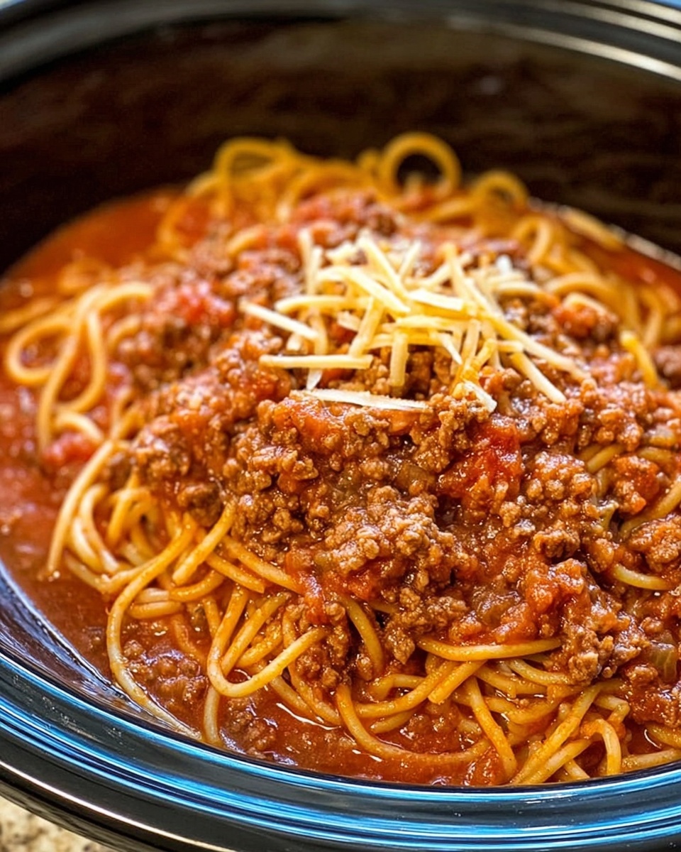 Close-up of hearty spaghetti with ground beef sauce in a slow cooker, topped with shredded cheese