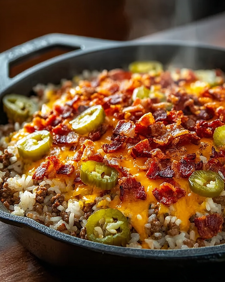 Skillet filled with cheesy rice topped with ground beef, crispy bacon, jalapeƱos, and melted cheddar cheese.