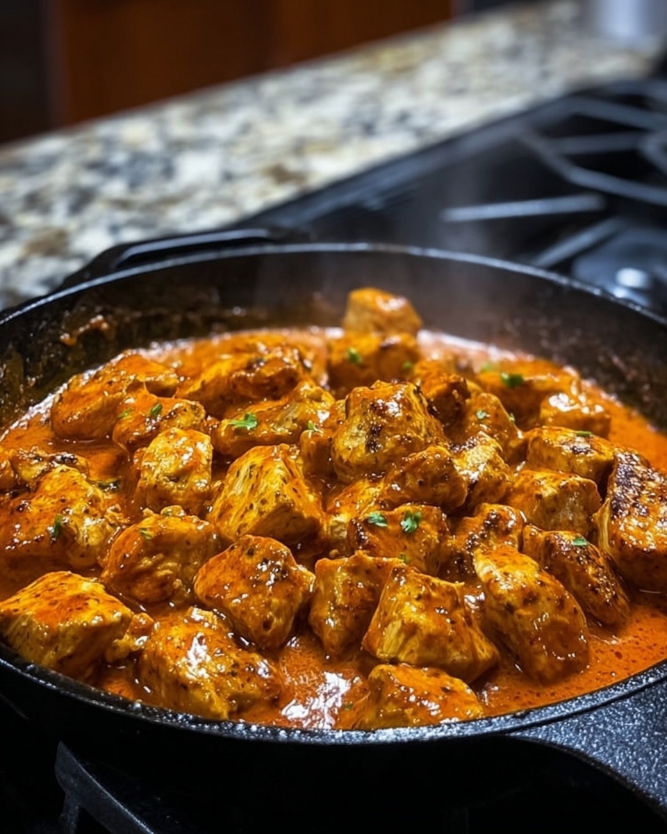 Creamy paprika chicken pieces in a cast iron skillet simmered in rich red sauce