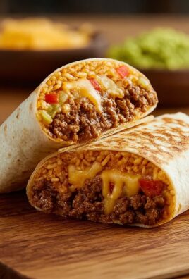 Beefy melt burrito cut in half showing ground beef, rice, cheese, and peppers