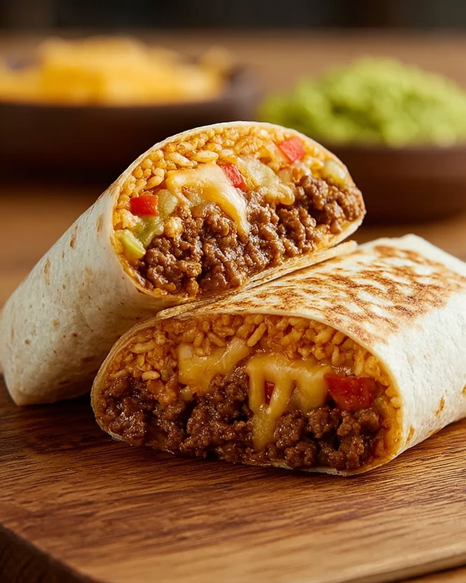 Beefy melt burrito cut in half showing ground beef, rice, cheese, and peppers