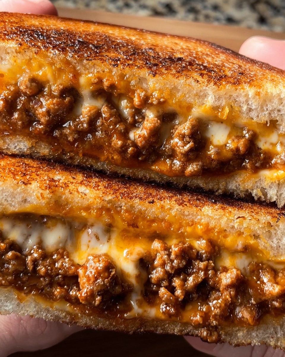 Close-up of a gooey sloppy joe grilled cheese sandwich with melted cheese and savory meat filling