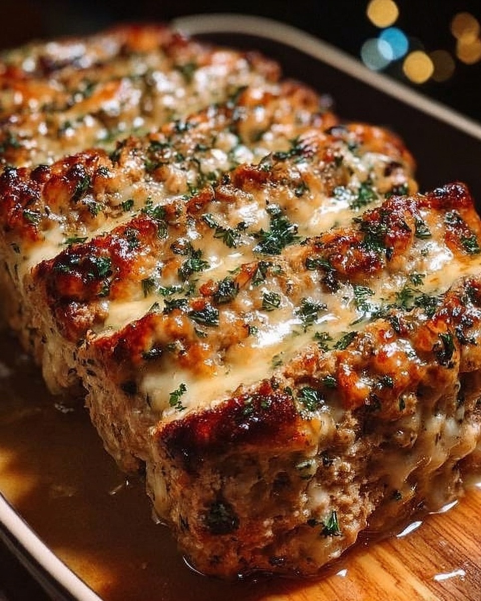 Garlic parmesan chicken meatloaf sliced in a pan, topped with melted cheese and parsley