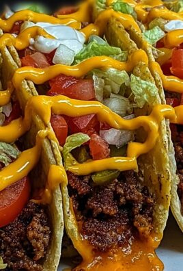 Crispy taco shells filled with seasoned ground beef, lettuce, tomato, onions, and cheese sauce