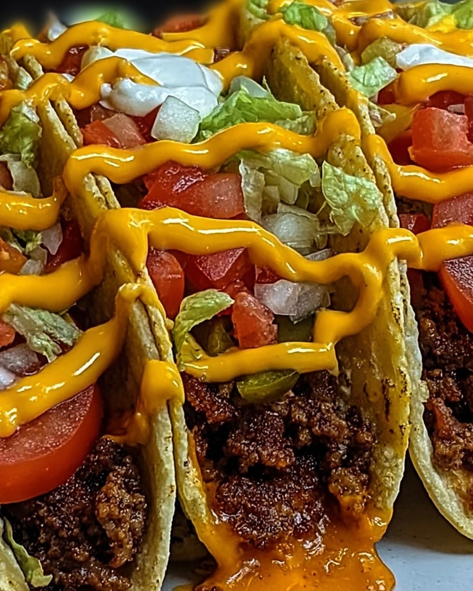 Crispy taco shells filled with seasoned ground beef, lettuce, tomato, onions, and cheese sauce