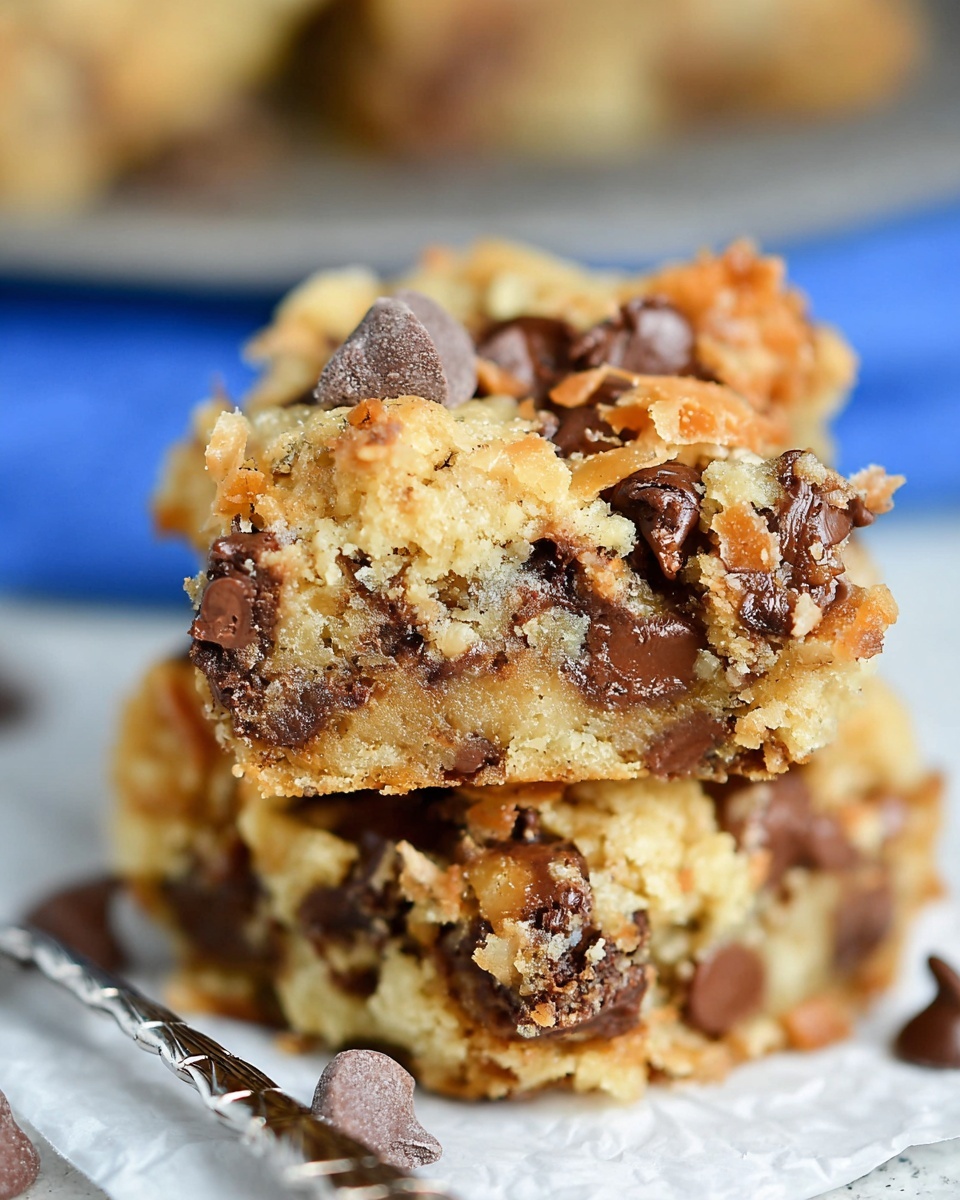 Stack of gooey coconut toffee chocolate chip cookie bars with melted chocolate chips and golden crust
