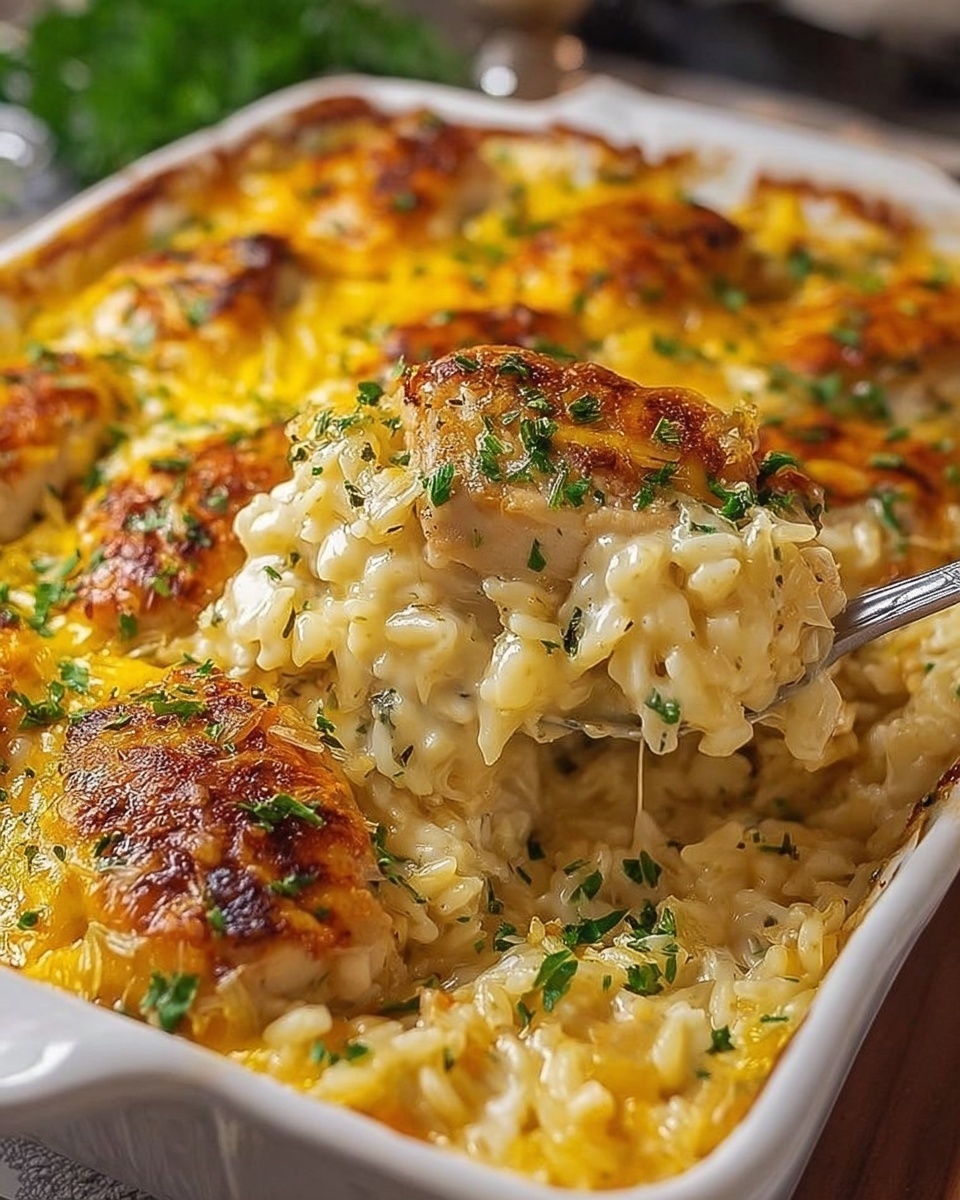 Creamy chicken and rice casserole topped with golden melted cheese and fresh parsley.