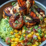 Grilled Shrimp Bowl with Avocado, Corn Salsa & Creamy Sauce