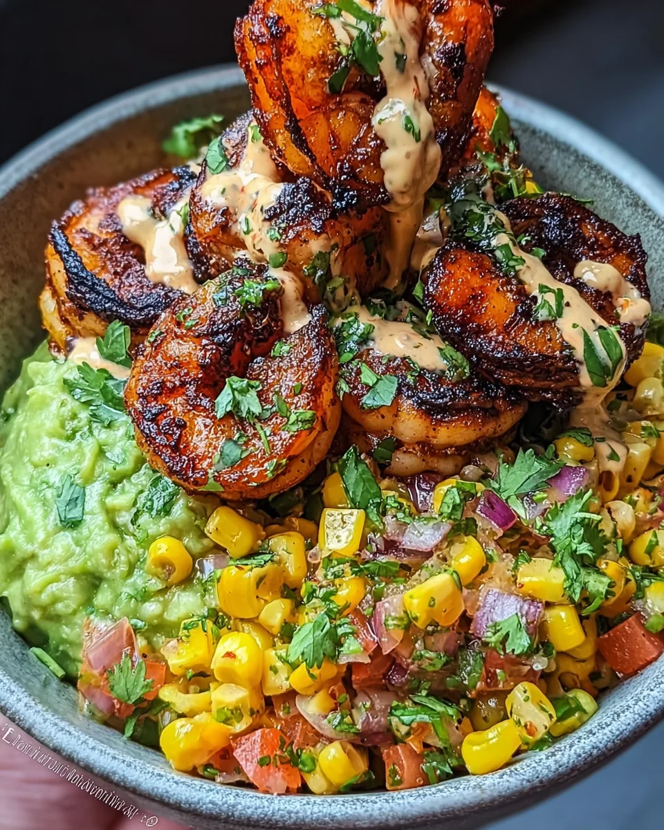 Grilled Shrimp Bowl with Avocado, Corn Salsa & Creamy Sauce
