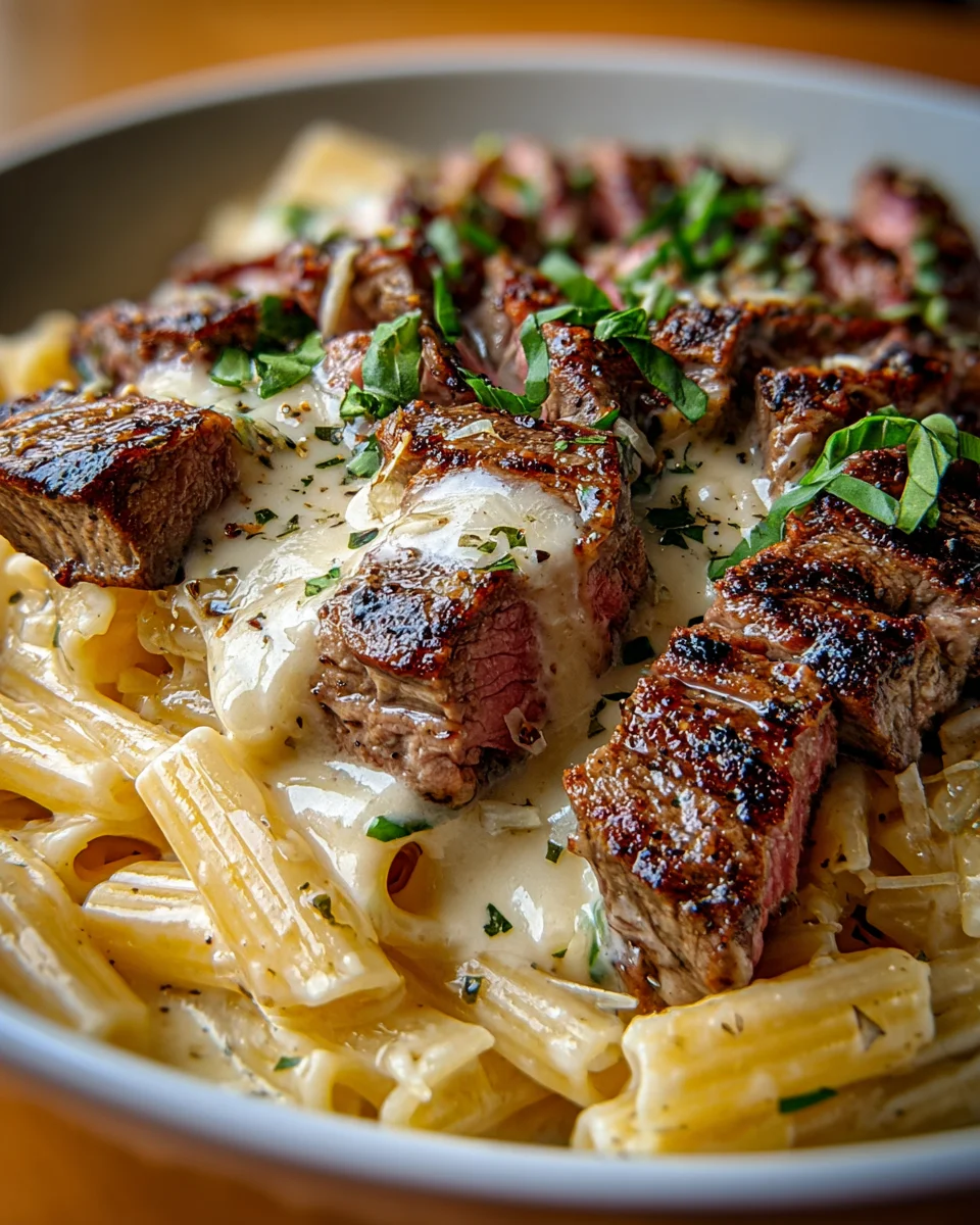 Steak and Creamy Garlic Parmesan Pasta