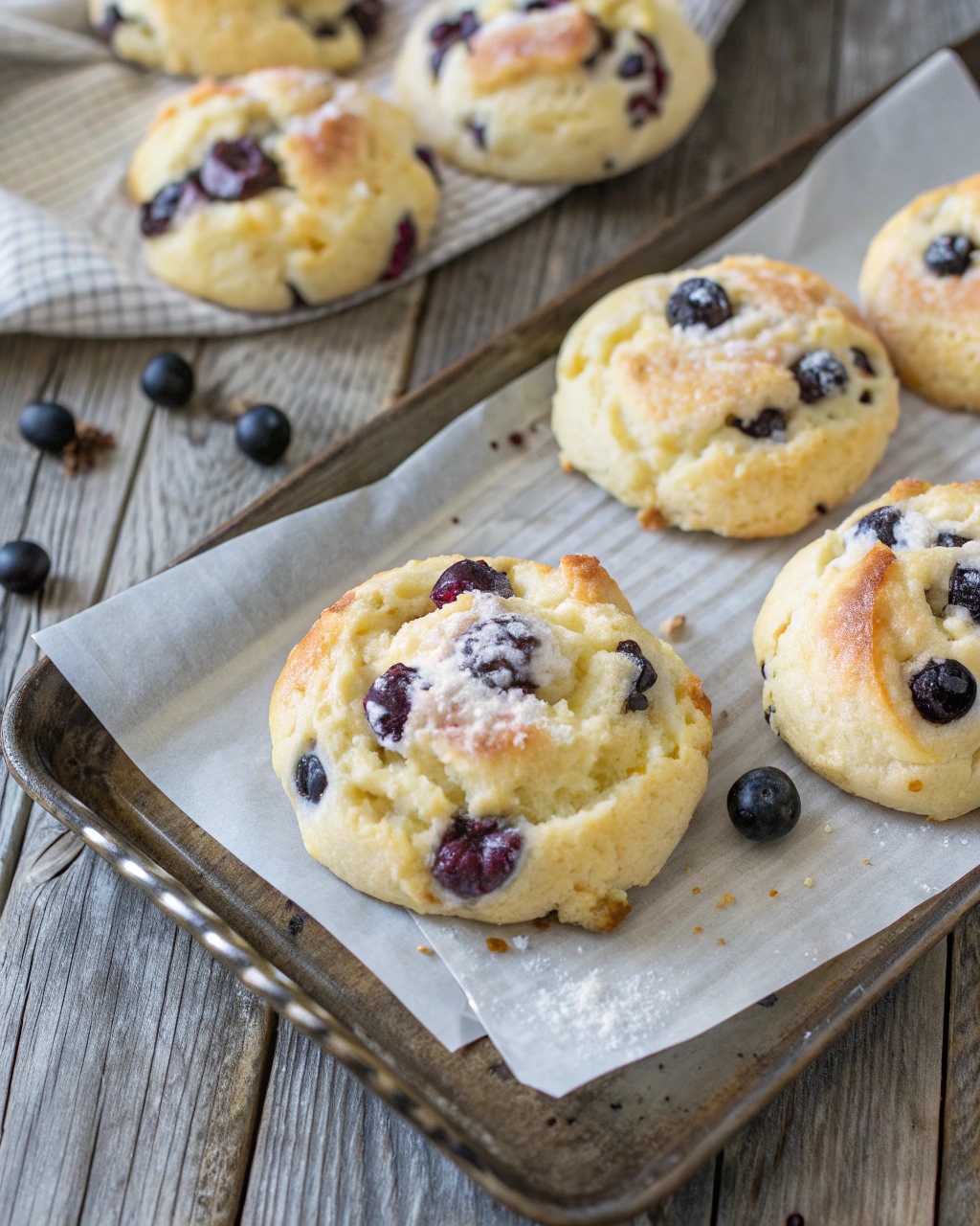 Fluffy Cottage Cheese Blueberry Cloud Bread on parchment paper