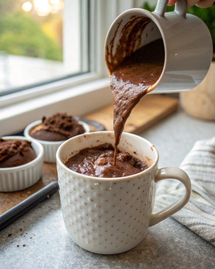 pouring cottage cheese brownie batter into mug