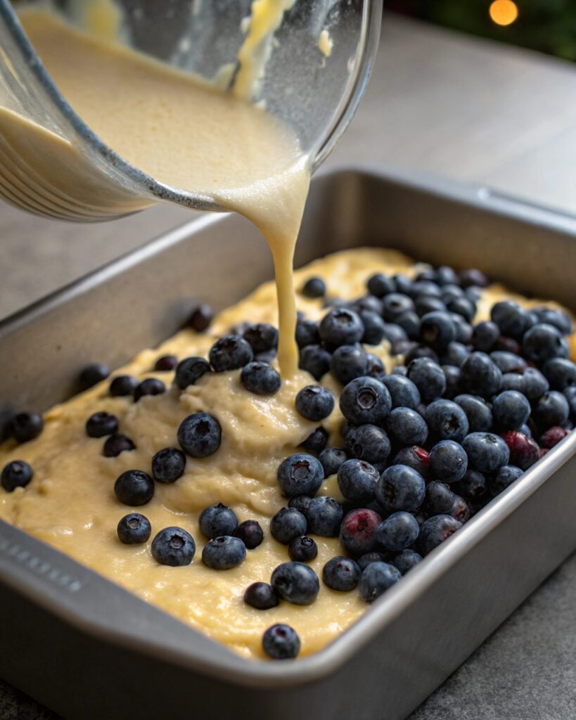 Pouring blueberry cottage cheese breakfast batter