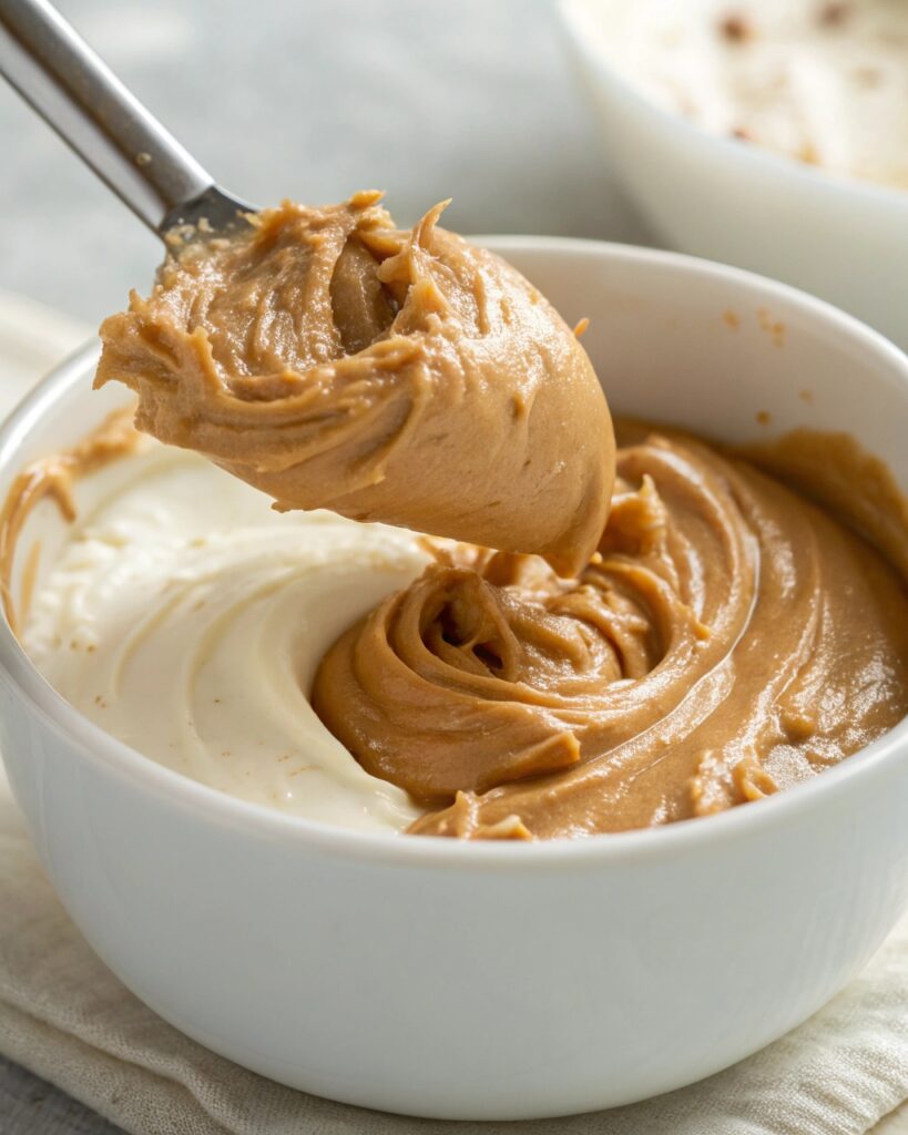 Mixing peanut butter into Greek yogurt for frozen bites