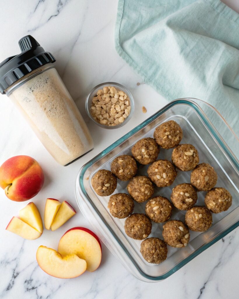 Cottage cheese brownie bites stored in a meal prep container