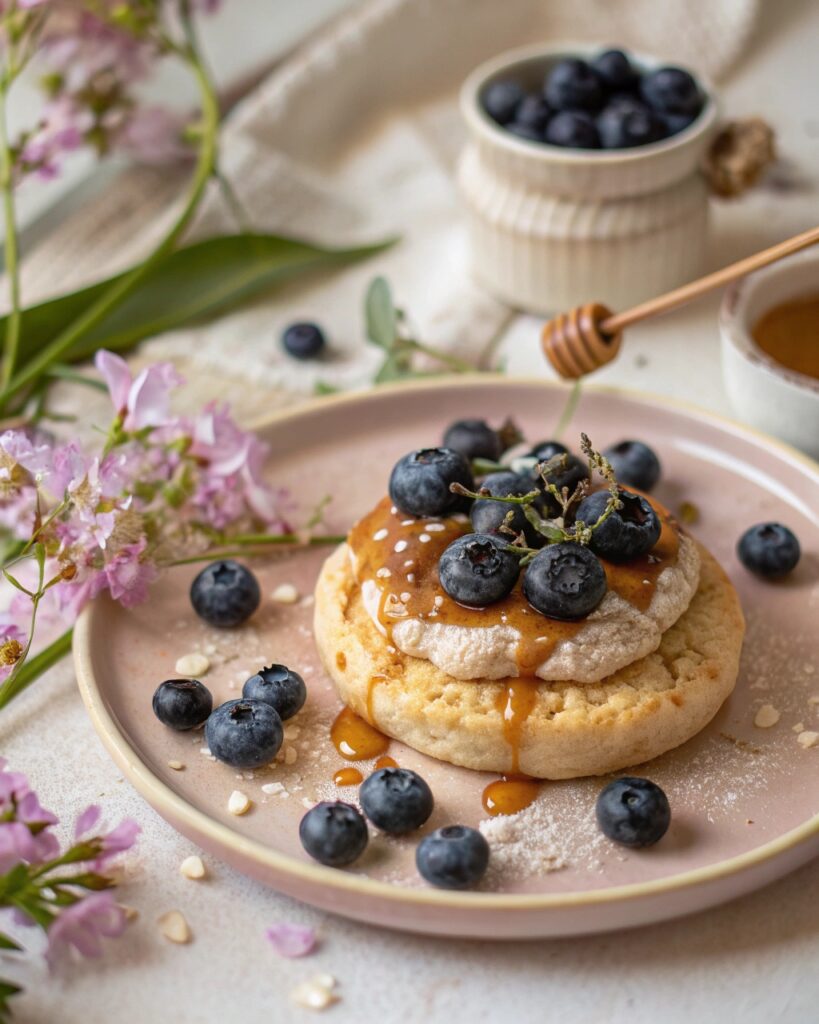 Fluffy cloud bread topped with almond butter and blueberries