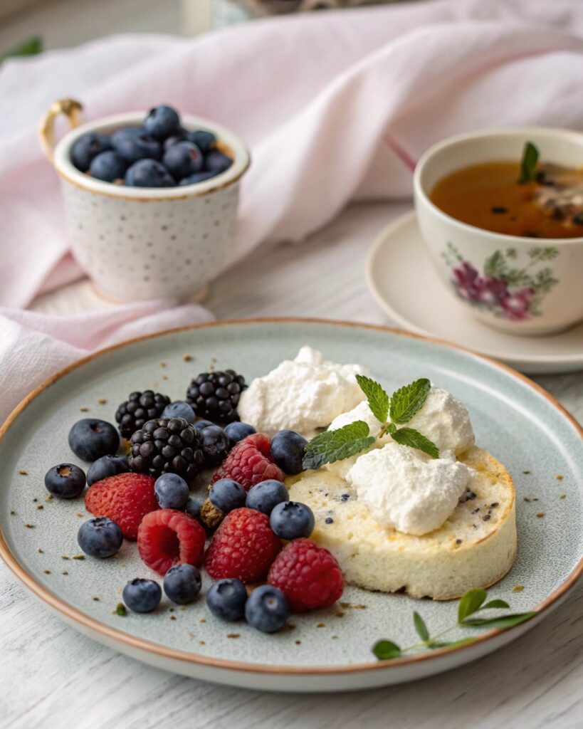 serving blueberry fluffy cottage cheese cloud bread breakfast style